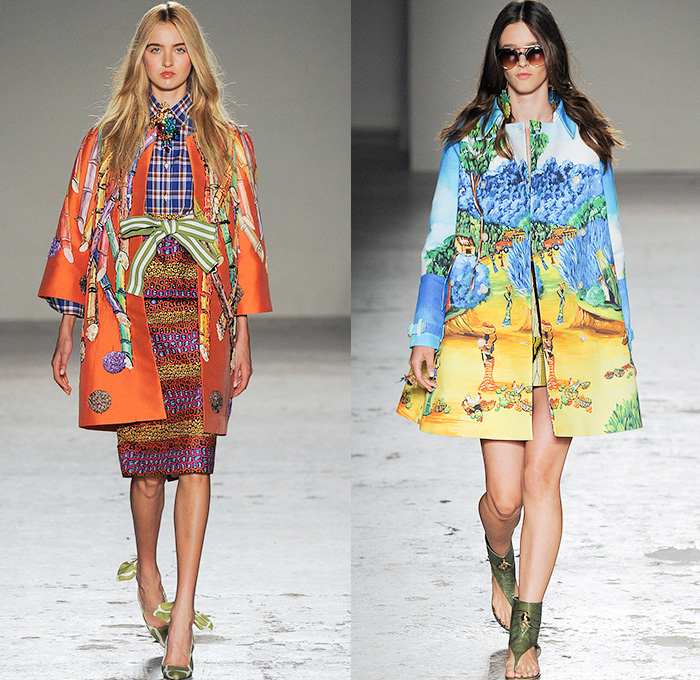 Stella Jean 2015 Spring Summer Womens Runway Looks - Milano Moda Donna Collezione Milan Fashion Week Italy - Haiti Prints Ethnic Folk Tribal Graphic Motif Culture Illustration People Burro Donkeys Fruits Shirtdress Maxi Dress Market Foliage Leaves Landscape Trees Watercolor Paintings Varsity Plaid Bus Poodle Skirt Bamboo Bananas Fruits Vegetables Houses Dots Townfolk Stripes Shorts Fish Coat Jacket Ribbon Bow Pencil Skirt