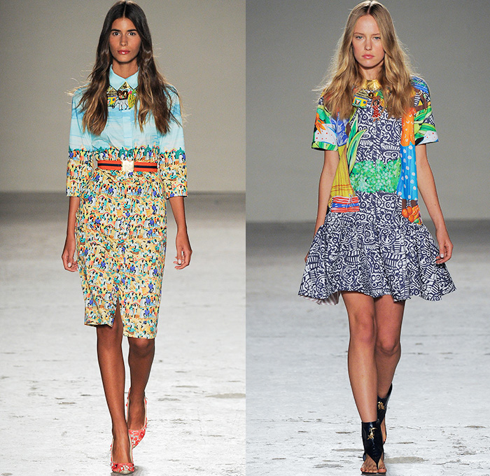 Stella Jean 2015 Spring Summer Womens Runway Looks - Milano Moda Donna Collezione Milan Fashion Week Italy - Haiti Prints Ethnic Folk Tribal Graphic Motif Culture Illustration People Burro Donkeys Fruits Shirtdress Maxi Dress Market Foliage Leaves Landscape Trees Watercolor Paintings Varsity Plaid Bus Poodle Skirt Bamboo Bananas Fruits Vegetables Houses Dots Townfolk Stripes Shorts Fish Coat Jacket Ribbon Bow Pencil Skirt