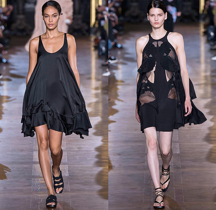 Stella McCartney 2015 Spring Summer Womens Runway Catwalk Looks - Mode à Paris Fashion Week Prêt-à-Porter Mode Féminin Femme France - Denim Jeans Curved Asymmetrical Handkerchief Hem Belt Straps Wide Leg Palazzo Pants Trousers 3D Laser Cutout Flowers Florals Sheer Embroidery Dress Wrap Skirt Frock Jacket Halter Top Ruffles Drapery Silk Bomberdress Shirtdress Cinch Waist Plaid One Shoulder Jumpsuit Onesie