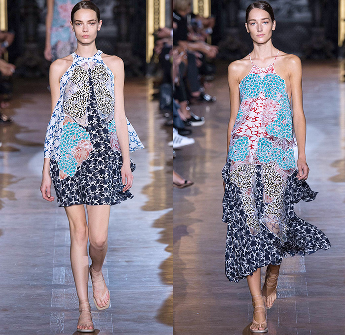 Stella McCartney 2015 Spring Summer Womens Runway Catwalk Looks - Mode à Paris Fashion Week Prêt-à-Porter Mode Féminin Femme France - Denim Jeans Curved Asymmetrical Handkerchief Hem Belt Straps Wide Leg Palazzo Pants Trousers 3D Laser Cutout Flowers Florals Sheer Embroidery Dress Wrap Skirt Frock Jacket Halter Top Ruffles Drapery Silk Bomberdress Shirtdress Cinch Waist Plaid One Shoulder Jumpsuit Onesie