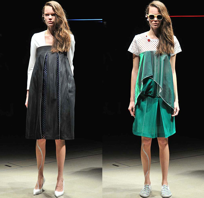 Taro Horiuchi 2015 Spring Summer Womens Runway Catwalk Looks - Versus Tokyo Mercedes-Benz Fashion Week Tokyo Japan - Mesh Strapless Dress Skirt Frock Pleats Ruffles Asymmetrical Hem Drapery Knit Crochet Sweater Jumper Plants Motif Print Silk Metallic Sheer Chiffon Peek-A-Boo Botanical Maxi Dress Utility Pockets Wide Leg Culottes Gauchos