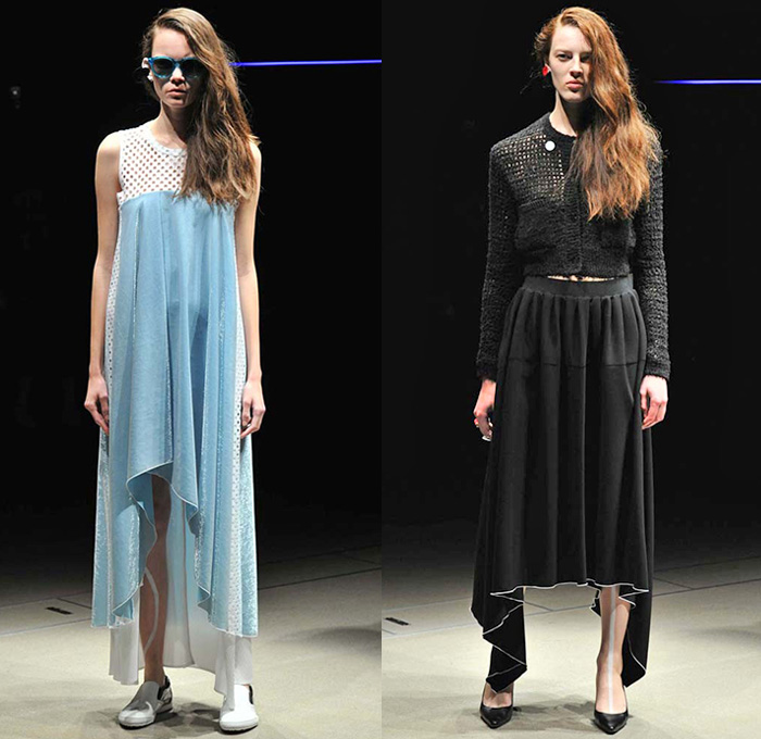 Taro Horiuchi 2015 Spring Summer Womens Runway Catwalk Looks - Versus Tokyo Mercedes-Benz Fashion Week Tokyo Japan - Mesh Strapless Dress Skirt Frock Pleats Ruffles Asymmetrical Hem Drapery Knit Crochet Sweater Jumper Plants Motif Print Silk Metallic Sheer Chiffon Peek-A-Boo Botanical Maxi Dress Utility Pockets Wide Leg Culottes Gauchos