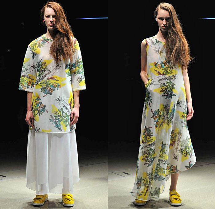 Taro Horiuchi 2015 Spring Summer Womens Runway Catwalk Looks - Versus Tokyo Mercedes-Benz Fashion Week Tokyo Japan - Mesh Strapless Dress Skirt Frock Pleats Ruffles Asymmetrical Hem Drapery Knit Crochet Sweater Jumper Plants Motif Print Silk Metallic Sheer Chiffon Peek-A-Boo Botanical Maxi Dress Utility Pockets Wide Leg Culottes Gauchos