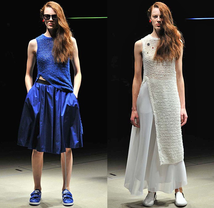 Taro Horiuchi 2015 Spring Summer Womens Runway Catwalk Looks - Versus Tokyo Mercedes-Benz Fashion Week Tokyo Japan - Mesh Strapless Dress Skirt Frock Pleats Ruffles Asymmetrical Hem Drapery Knit Crochet Sweater Jumper Plants Motif Print Silk Metallic Sheer Chiffon Peek-A-Boo Botanical Maxi Dress Utility Pockets Wide Leg Culottes Gauchos