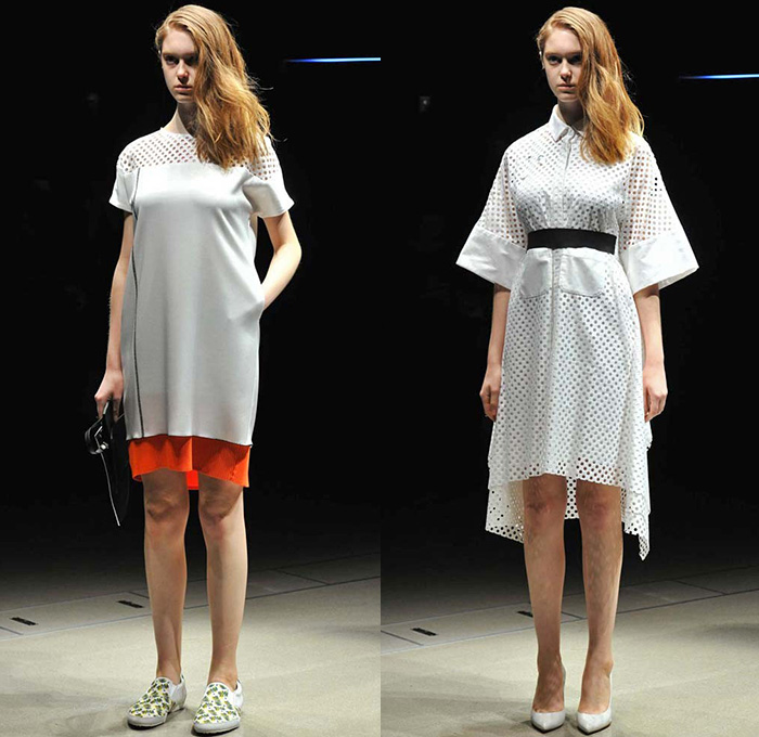 Taro Horiuchi 2015 Spring Summer Womens Runway Catwalk Looks - Versus Tokyo Mercedes-Benz Fashion Week Tokyo Japan - Mesh Strapless Dress Skirt Frock Pleats Ruffles Asymmetrical Hem Drapery Knit Crochet Sweater Jumper Plants Motif Print Silk Metallic Sheer Chiffon Peek-A-Boo Botanical Maxi Dress Utility Pockets Wide Leg Culottes Gauchos