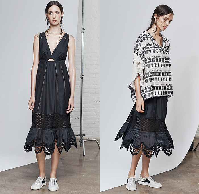 Thakoon Addition 2015 Spring Summer Womens Lookbook Presentation - New York Fashion Week - Bohemian Sporty Breezy Raffia Fringes Crochet Lace Noodle Spaghetti Strap Sheer Chiffon Halter Top Leaves Foliage Fauna Ruffles Mesh Ethnic Folk Pattern Wide Leg Culottes Shorts Gauchos Sneakers Shirtdress Outerwear Jacket Blousedress Flowers Florals Knit Sweater Jumper V-Neck Frock Midi Skirt Parka One Off Shoulder