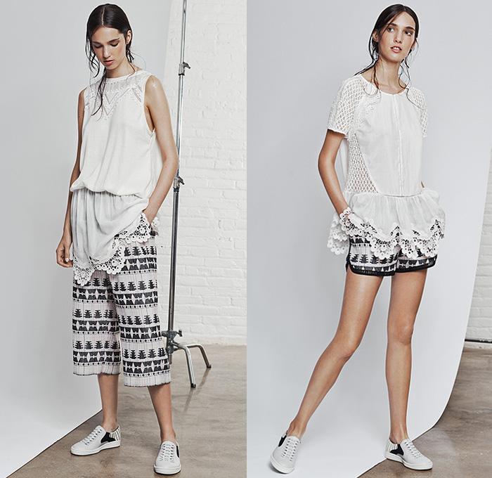 Thakoon Addition 2015 Spring Summer Womens Lookbook Presentation - New York Fashion Week - Bohemian Sporty Breezy Raffia Fringes Crochet Lace Noodle Spaghetti Strap Sheer Chiffon Halter Top Leaves Foliage Fauna Ruffles Mesh Ethnic Folk Pattern Wide Leg Culottes Shorts Gauchos Sneakers Shirtdress Outerwear Jacket Blousedress Flowers Florals Knit Sweater Jumper V-Neck Frock Midi Skirt Parka One Off Shoulder