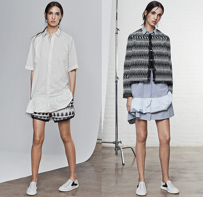 Thakoon Addition 2015 Spring Summer Womens Lookbook Presentation - New York Fashion Week - Bohemian Sporty Breezy Raffia Fringes Crochet Lace Noodle Spaghetti Strap Sheer Chiffon Halter Top Leaves Foliage Fauna Ruffles Mesh Ethnic Folk Pattern Wide Leg Culottes Shorts Gauchos Sneakers Shirtdress Outerwear Jacket Blousedress Flowers Florals Knit Sweater Jumper V-Neck Frock Midi Skirt Parka One Off Shoulder