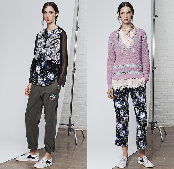 Thakoon Addition 2015 Spring Summer Womens Lookbook Presentation - New York Fashion Week - Bohemian Sporty Breezy Raffia Fringes Crochet Lace Noodle Spaghetti Strap Sheer Chiffon Halter Top Leaves Foliage Fauna Ruffles Mesh Ethnic Folk Pattern Wide Leg Culottes Shorts Gauchos Sneakers Shirtdress Outerwear Jacket Blousedress Flowers Florals Knit Sweater Jumper V-Neck Frock Midi Skirt Parka One Off Shoulder