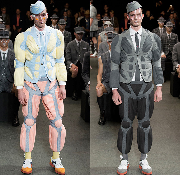 Thom Browne 2015 Spring Summer Mens Runway Looks Collection - Mode à Paris Fashion Week Mode Masculine France - Muscle Anatomy Musculature Outerwear Jacket Military Pants Trousers Necktie Cadet Cap Suit 3D Flowers Florals Embellishments Knit Butterflies Insects Motif Print Masks Boots Multi-Panel Stripes Plaid Checks Windowpane Rainwear Plastic Boxy Pointed Shoulders Colorblock Blazer Shorts Kilt Manskirt Angular Triangular Hem Vest Waistcoat Cropped Sleeves