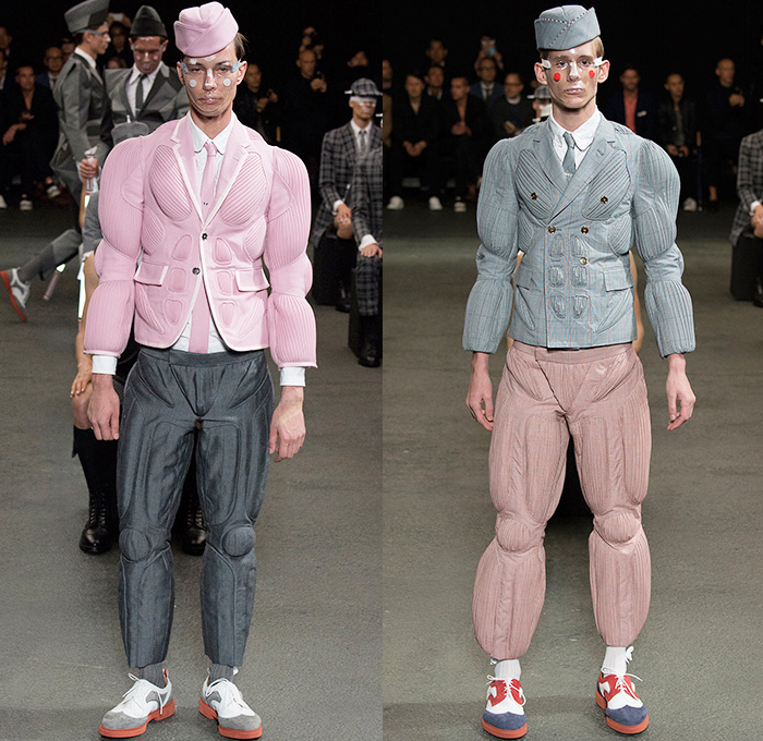 Thom Browne 2015 Spring Summer Mens Runway Looks Collection - Mode à Paris Fashion Week Mode Masculine France - Muscle Anatomy Musculature Outerwear Jacket Military Pants Trousers Necktie Cadet Cap Suit 3D Flowers Florals Embellishments Knit Butterflies Insects Motif Print Masks Boots Multi-Panel Stripes Plaid Checks Windowpane Rainwear Plastic Boxy Pointed Shoulders Colorblock Blazer Shorts Kilt Manskirt Angular Triangular Hem Vest Waistcoat Cropped Sleeves