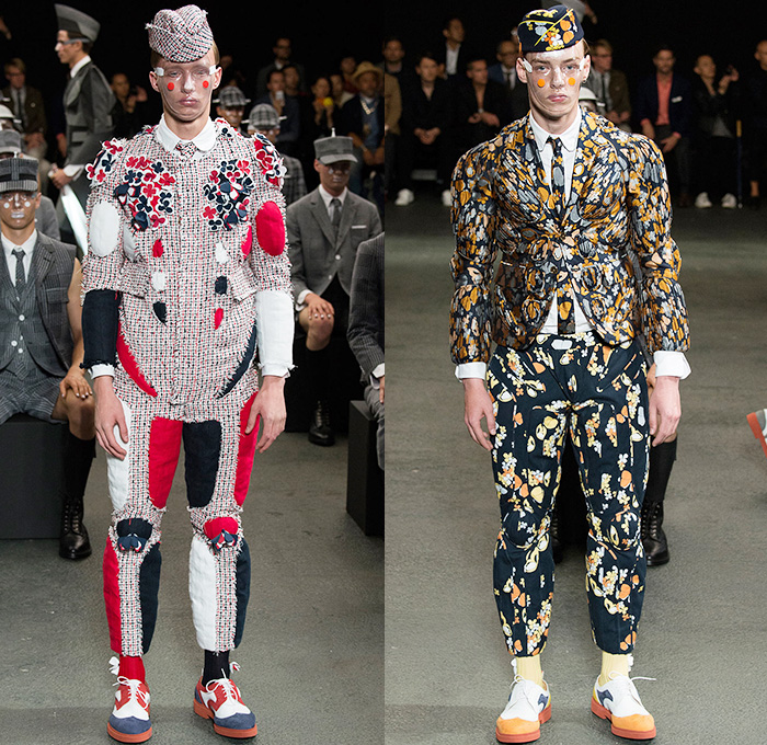 Thom Browne 2015 Spring Summer Mens Runway Looks Collection - Mode à Paris Fashion Week Mode Masculine France - Muscle Anatomy Musculature Outerwear Jacket Military Pants Trousers Necktie Cadet Cap Suit 3D Flowers Florals Embellishments Knit Butterflies Insects Motif Print Masks Boots Multi-Panel Stripes Plaid Checks Windowpane Rainwear Plastic Boxy Pointed Shoulders Colorblock Blazer Shorts Kilt Manskirt Angular Triangular Hem Vest Waistcoat Cropped Sleeves