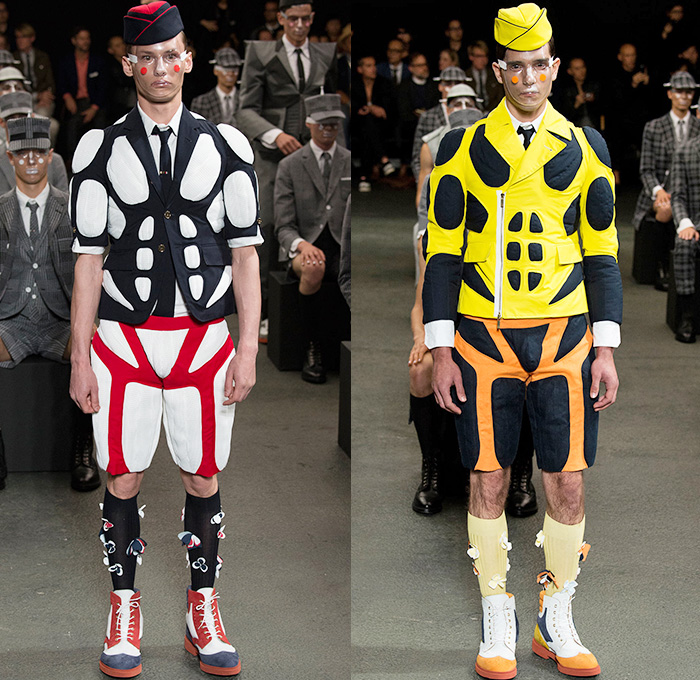 Thom Browne 2015 Spring Summer Mens Runway Looks Collection - Mode à Paris Fashion Week Mode Masculine France - Muscle Anatomy Musculature Outerwear Jacket Military Pants Trousers Necktie Cadet Cap Suit 3D Flowers Florals Embellishments Knit Butterflies Insects Motif Print Masks Boots Multi-Panel Stripes Plaid Checks Windowpane Rainwear Plastic Boxy Pointed Shoulders Colorblock Blazer Shorts Kilt Manskirt Angular Triangular Hem Vest Waistcoat Cropped Sleeves