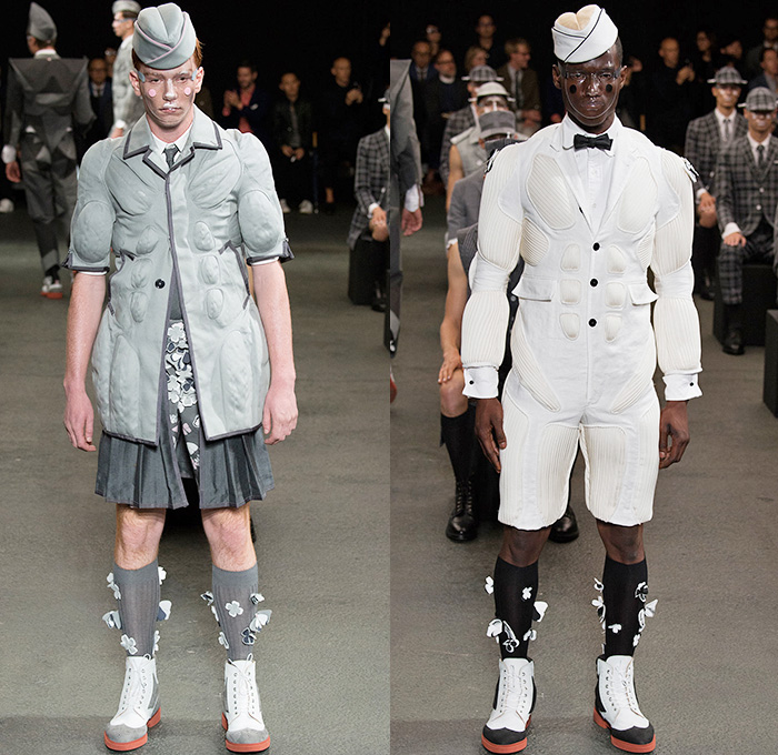 Thom Browne 2015 Spring Summer Mens Runway Looks Collection - Mode à Paris Fashion Week Mode Masculine France - Muscle Anatomy Musculature Outerwear Jacket Military Pants Trousers Necktie Cadet Cap Suit 3D Flowers Florals Embellishments Knit Butterflies Insects Motif Print Masks Boots Multi-Panel Stripes Plaid Checks Windowpane Rainwear Plastic Boxy Pointed Shoulders Colorblock Blazer Shorts Kilt Manskirt Angular Triangular Hem Vest Waistcoat Cropped Sleeves