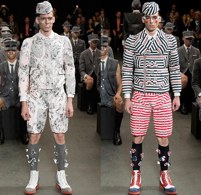 Thom Browne 2015 Spring Summer Mens Runway Looks Collection - Mode à Paris Fashion Week Mode Masculine France - Muscle Anatomy Musculature Outerwear Jacket Military Pants Trousers Necktie Cadet Cap Suit 3D Flowers Florals Embellishments Knit Butterflies Insects Motif Print Masks Boots Multi-Panel Stripes Plaid Checks Windowpane Rainwear Plastic Boxy Pointed Shoulders Colorblock Blazer Shorts Kilt Manskirt Angular Triangular Hem Vest Waistcoat Cropped Sleeves