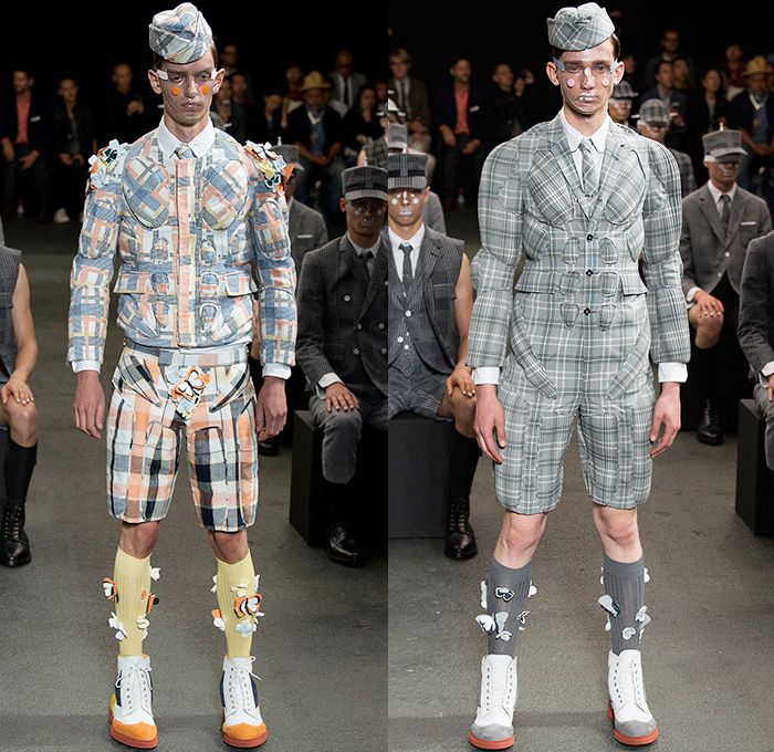 Thom Browne 2015 Spring Summer Mens Runway Looks Collection - Mode à Paris Fashion Week Mode Masculine France - Muscle Anatomy Musculature Outerwear Jacket Military Pants Trousers Necktie Cadet Cap Suit 3D Flowers Florals Embellishments Knit Butterflies Insects Motif Print Masks Boots Multi-Panel Stripes Plaid Checks Windowpane Rainwear Plastic Boxy Pointed Shoulders Colorblock Blazer Shorts Kilt Manskirt Angular Triangular Hem Vest Waistcoat Cropped Sleeves