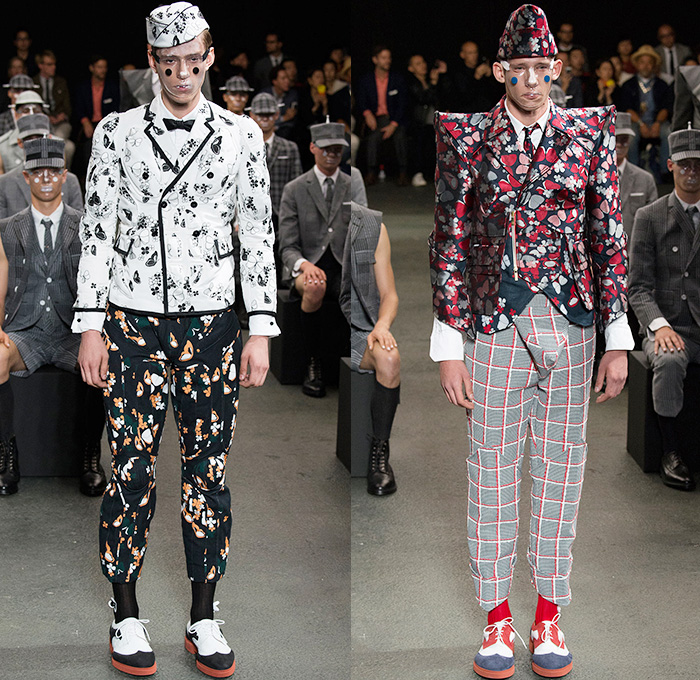 Thom Browne 2015 Spring Summer Mens Runway Looks Collection - Mode à Paris Fashion Week Mode Masculine France - Muscle Anatomy Musculature Outerwear Jacket Military Pants Trousers Necktie Cadet Cap Suit 3D Flowers Florals Embellishments Knit Butterflies Insects Motif Print Masks Boots Multi-Panel Stripes Plaid Checks Windowpane Rainwear Plastic Boxy Pointed Shoulders Colorblock Blazer Shorts Kilt Manskirt Angular Triangular Hem Vest Waistcoat Cropped Sleeves