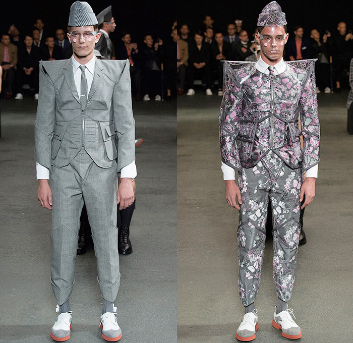 Thom Browne 2015 Spring Summer Mens Runway Looks Collection - Mode à Paris Fashion Week Mode Masculine France - Muscle Anatomy Musculature Outerwear Jacket Military Pants Trousers Necktie Cadet Cap Suit 3D Flowers Florals Embellishments Knit Butterflies Insects Motif Print Masks Boots Multi-Panel Stripes Plaid Checks Windowpane Rainwear Plastic Boxy Pointed Shoulders Colorblock Blazer Shorts Kilt Manskirt Angular Triangular Hem Vest Waistcoat Cropped Sleeves