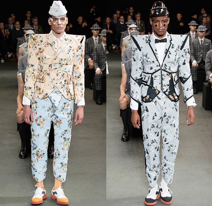 Thom Browne 2015 Spring Summer Mens Runway Looks Collection - Mode à Paris Fashion Week Mode Masculine France - Muscle Anatomy Musculature Outerwear Jacket Military Pants Trousers Necktie Cadet Cap Suit 3D Flowers Florals Embellishments Knit Butterflies Insects Motif Print Masks Boots Multi-Panel Stripes Plaid Checks Windowpane Rainwear Plastic Boxy Pointed Shoulders Colorblock Blazer Shorts Kilt Manskirt Angular Triangular Hem Vest Waistcoat Cropped Sleeves