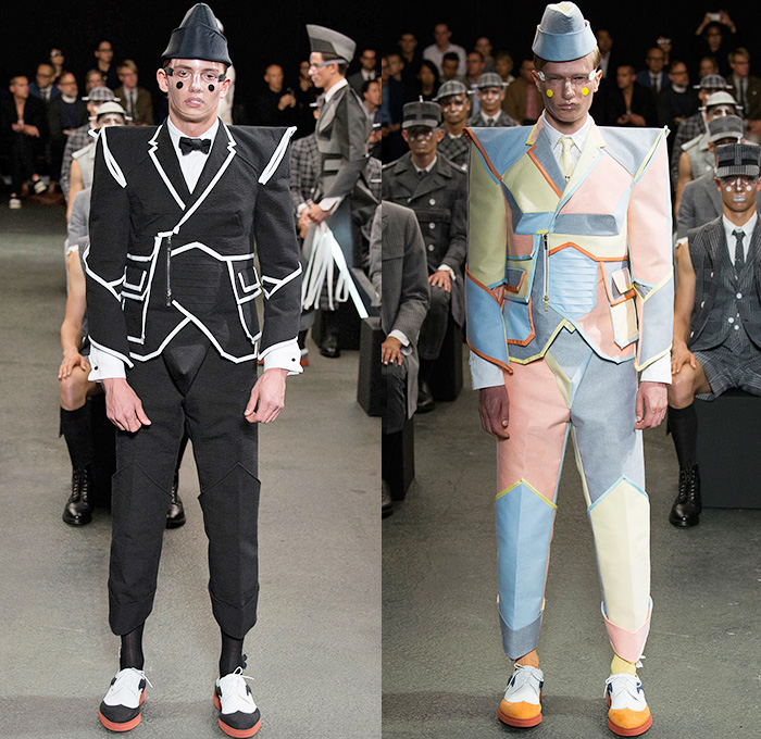 Thom Browne 2015 Spring Summer Mens Runway Looks Collection - Mode à Paris Fashion Week Mode Masculine France - Muscle Anatomy Musculature Outerwear Jacket Military Pants Trousers Necktie Cadet Cap Suit 3D Flowers Florals Embellishments Knit Butterflies Insects Motif Print Masks Boots Multi-Panel Stripes Plaid Checks Windowpane Rainwear Plastic Boxy Pointed Shoulders Colorblock Blazer Shorts Kilt Manskirt Angular Triangular Hem Vest Waistcoat Cropped Sleeves