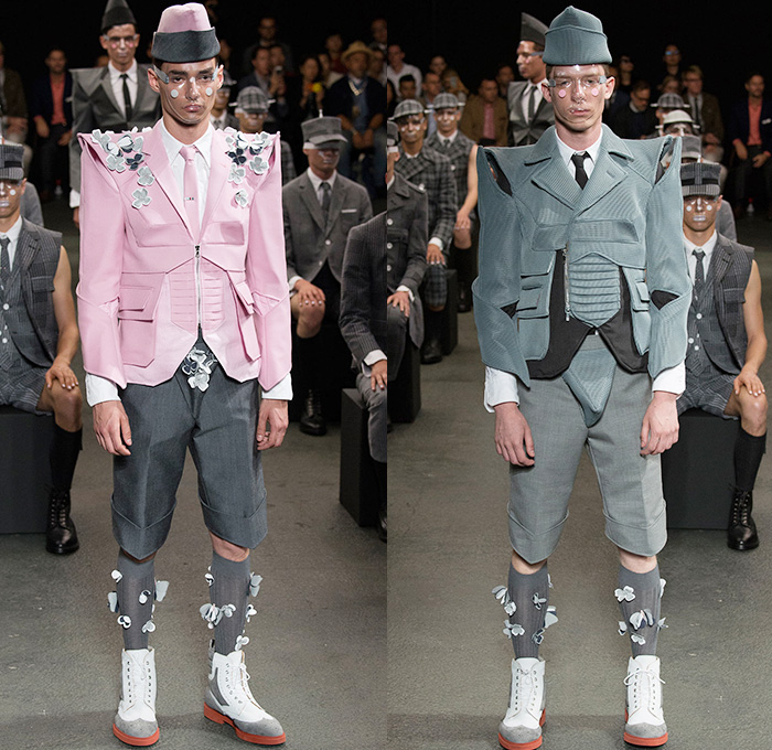 Thom Browne 2015 Spring Summer Mens Runway Looks Collection - Mode à Paris Fashion Week Mode Masculine France - Muscle Anatomy Musculature Outerwear Jacket Military Pants Trousers Necktie Cadet Cap Suit 3D Flowers Florals Embellishments Knit Butterflies Insects Motif Print Masks Boots Multi-Panel Stripes Plaid Checks Windowpane Rainwear Plastic Boxy Pointed Shoulders Colorblock Blazer Shorts Kilt Manskirt Angular Triangular Hem Vest Waistcoat Cropped Sleeves