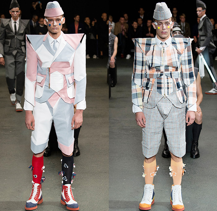 Thom Browne 2015 Spring Summer Mens Runway Looks Collection - Mode à Paris Fashion Week Mode Masculine France - Muscle Anatomy Musculature Outerwear Jacket Military Pants Trousers Necktie Cadet Cap Suit 3D Flowers Florals Embellishments Knit Butterflies Insects Motif Print Masks Boots Multi-Panel Stripes Plaid Checks Windowpane Rainwear Plastic Boxy Pointed Shoulders Colorblock Blazer Shorts Kilt Manskirt Angular Triangular Hem Vest Waistcoat Cropped Sleeves