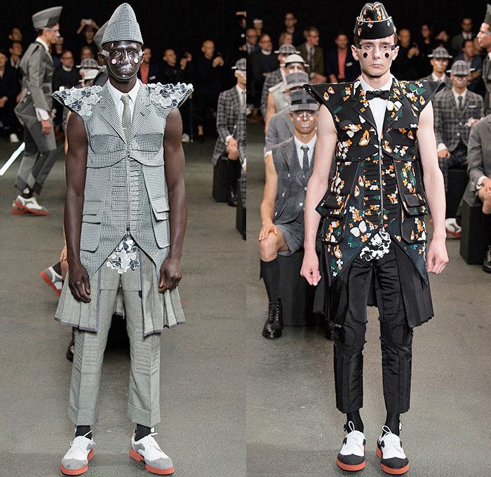 Thom Browne 2015 Spring Summer Mens Runway Looks Collection - Mode à Paris Fashion Week Mode Masculine France - Muscle Anatomy Musculature Outerwear Jacket Military Pants Trousers Necktie Cadet Cap Suit 3D Flowers Florals Embellishments Knit Butterflies Insects Motif Print Masks Boots Multi-Panel Stripes Plaid Checks Windowpane Rainwear Plastic Boxy Pointed Shoulders Colorblock Blazer Shorts Kilt Manskirt Angular Triangular Hem Vest Waistcoat Cropped Sleeves