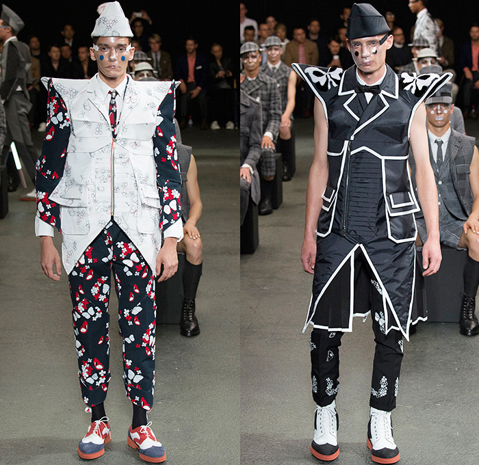 Thom Browne 2015 Spring Summer Mens Runway Looks Collection - Mode à Paris Fashion Week Mode Masculine France - Muscle Anatomy Musculature Outerwear Jacket Military Pants Trousers Necktie Cadet Cap Suit 3D Flowers Florals Embellishments Knit Butterflies Insects Motif Print Masks Boots Multi-Panel Stripes Plaid Checks Windowpane Rainwear Plastic Boxy Pointed Shoulders Colorblock Blazer Shorts Kilt Manskirt Angular Triangular Hem Vest Waistcoat Cropped Sleeves