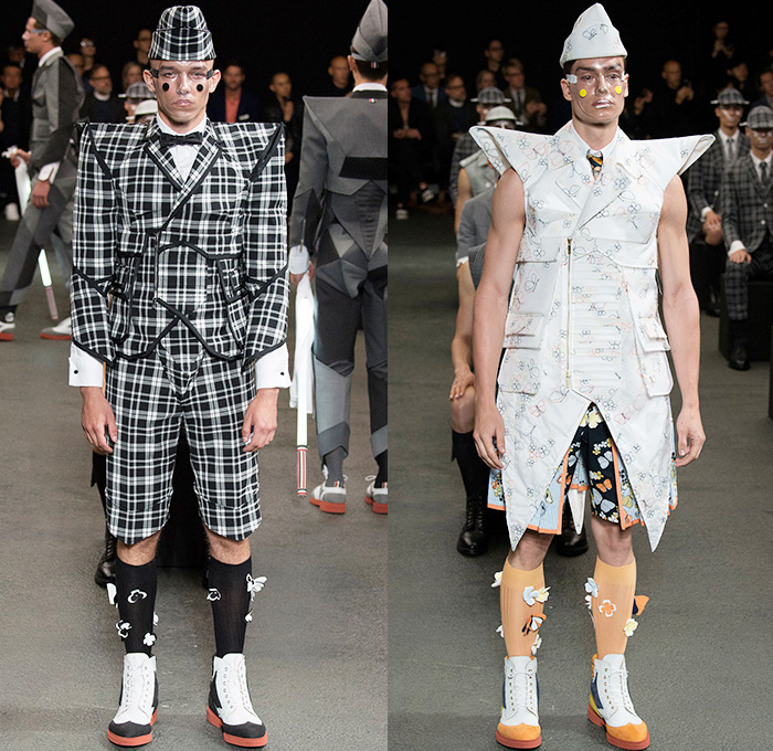 Thom Browne 2015 Spring Summer Mens Runway Looks Collection - Mode à Paris Fashion Week Mode Masculine France - Muscle Anatomy Musculature Outerwear Jacket Military Pants Trousers Necktie Cadet Cap Suit 3D Flowers Florals Embellishments Knit Butterflies Insects Motif Print Masks Boots Multi-Panel Stripes Plaid Checks Windowpane Rainwear Plastic Boxy Pointed Shoulders Colorblock Blazer Shorts Kilt Manskirt Angular Triangular Hem Vest Waistcoat Cropped Sleeves