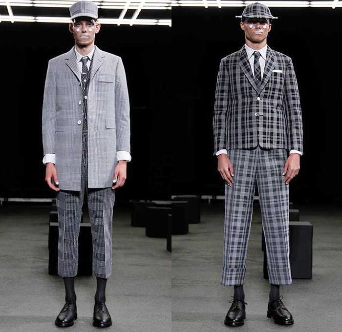 Thom Browne 2015 Spring Summer Mens Runway Looks Collection - Mode à Paris Fashion Week Mode Masculine France - Muscle Anatomy Musculature Outerwear Jacket Military Pants Trousers Necktie Cadet Cap Suit 3D Flowers Florals Embellishments Knit Butterflies Insects Motif Print Masks Boots Multi-Panel Stripes Plaid Checks Windowpane Rainwear Plastic Boxy Pointed Shoulders Colorblock Blazer Shorts Kilt Manskirt Angular Triangular Hem Vest Waistcoat Cropped Sleeves