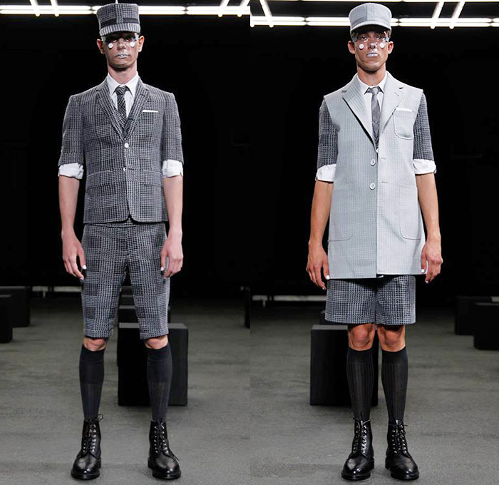 Thom Browne 2015 Spring Summer Mens Runway Looks Collection - Mode à Paris Fashion Week Mode Masculine France - Muscle Anatomy Musculature Outerwear Jacket Military Pants Trousers Necktie Cadet Cap Suit 3D Flowers Florals Embellishments Knit Butterflies Insects Motif Print Masks Boots Multi-Panel Stripes Plaid Checks Windowpane Rainwear Plastic Boxy Pointed Shoulders Colorblock Blazer Shorts Kilt Manskirt Angular Triangular Hem Vest Waistcoat Cropped Sleeves