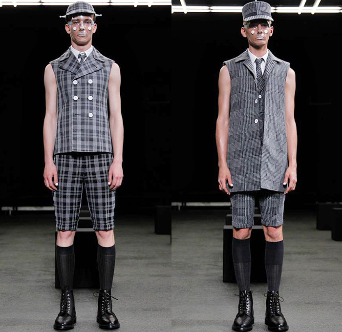 Thom Browne 2015 Spring Summer Mens Runway Looks Collection - Mode à Paris Fashion Week Mode Masculine France - Muscle Anatomy Musculature Outerwear Jacket Military Pants Trousers Necktie Cadet Cap Suit 3D Flowers Florals Embellishments Knit Butterflies Insects Motif Print Masks Boots Multi-Panel Stripes Plaid Checks Windowpane Rainwear Plastic Boxy Pointed Shoulders Colorblock Blazer Shorts Kilt Manskirt Angular Triangular Hem Vest Waistcoat Cropped Sleeves