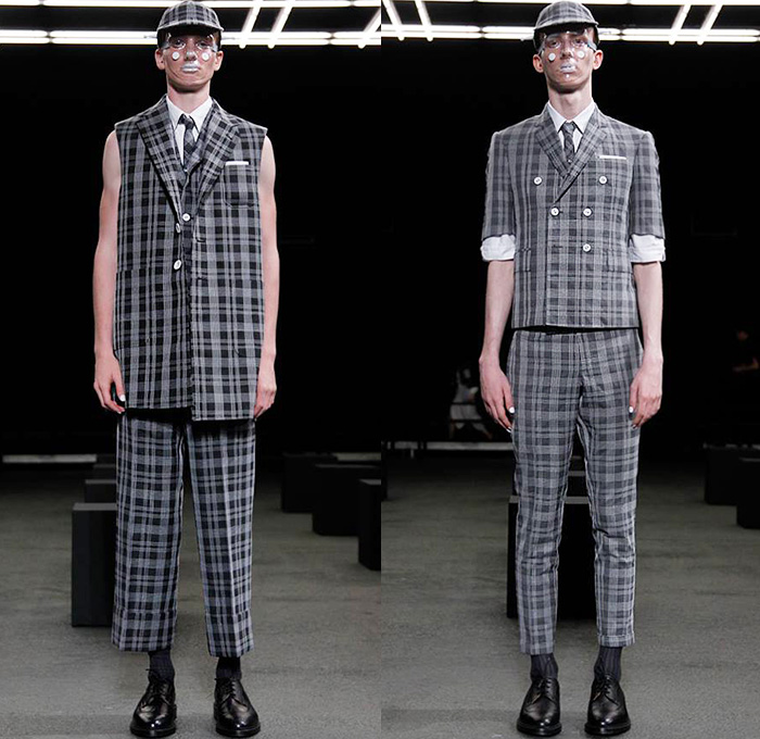 Thom Browne 2015 Spring Summer Mens Runway Looks Collection - Mode à Paris Fashion Week Mode Masculine France - Muscle Anatomy Musculature Outerwear Jacket Military Pants Trousers Necktie Cadet Cap Suit 3D Flowers Florals Embellishments Knit Butterflies Insects Motif Print Masks Boots Multi-Panel Stripes Plaid Checks Windowpane Rainwear Plastic Boxy Pointed Shoulders Colorblock Blazer Shorts Kilt Manskirt Angular Triangular Hem Vest Waistcoat Cropped Sleeves