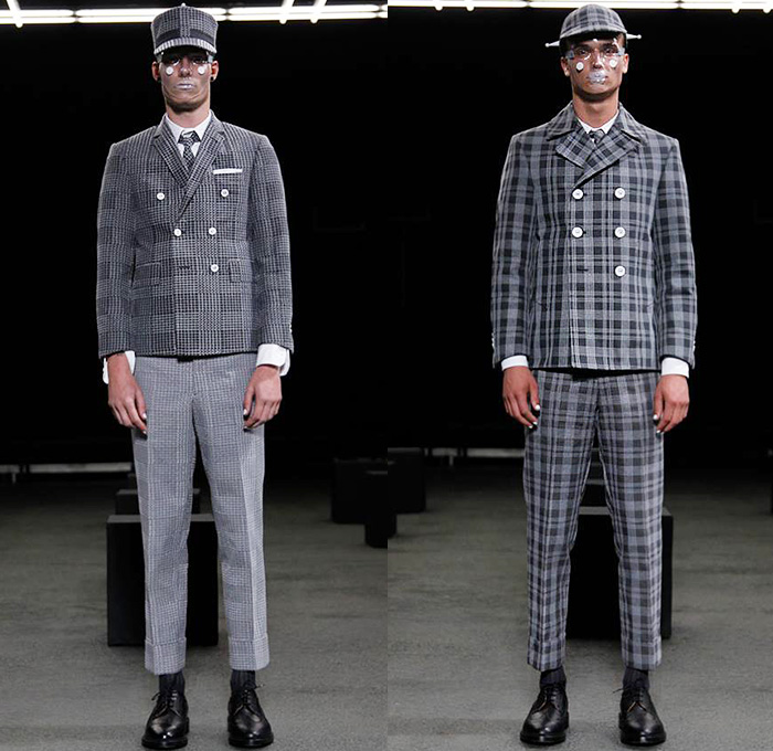 Thom Browne 2015 Spring Summer Mens Runway Looks Collection - Mode à Paris Fashion Week Mode Masculine France - Muscle Anatomy Musculature Outerwear Jacket Military Pants Trousers Necktie Cadet Cap Suit 3D Flowers Florals Embellishments Knit Butterflies Insects Motif Print Masks Boots Multi-Panel Stripes Plaid Checks Windowpane Rainwear Plastic Boxy Pointed Shoulders Colorblock Blazer Shorts Kilt Manskirt Angular Triangular Hem Vest Waistcoat Cropped Sleeves