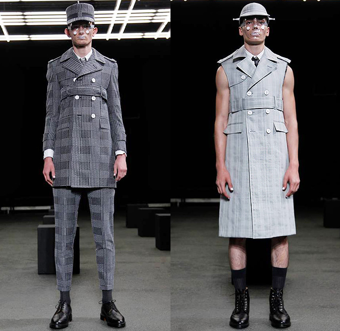 Thom Browne 2015 Spring Summer Mens Runway Looks Collection - Mode à Paris Fashion Week Mode Masculine France - Muscle Anatomy Musculature Outerwear Jacket Military Pants Trousers Necktie Cadet Cap Suit 3D Flowers Florals Embellishments Knit Butterflies Insects Motif Print Masks Boots Multi-Panel Stripes Plaid Checks Windowpane Rainwear Plastic Boxy Pointed Shoulders Colorblock Blazer Shorts Kilt Manskirt Angular Triangular Hem Vest Waistcoat Cropped Sleeves