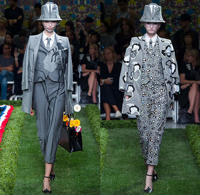 Thom Browne 2015 Spring Summer Womens Runway Catwalk Looks - New York Fashion Week - Suit Cone Wireframe Handbag Shirt Dress Hat Millinery Pantsuit Outerwear Blazer Flowers Florals Windowpane Checks Embroidery 3D Embellishments Adornments Seersucker Boucle Knit Weave Butterflies Skirt Frock Cardigan Accordion Pleats Metallic Silver Ribbon Houndstooth Multi-Panel Feathers Plastic