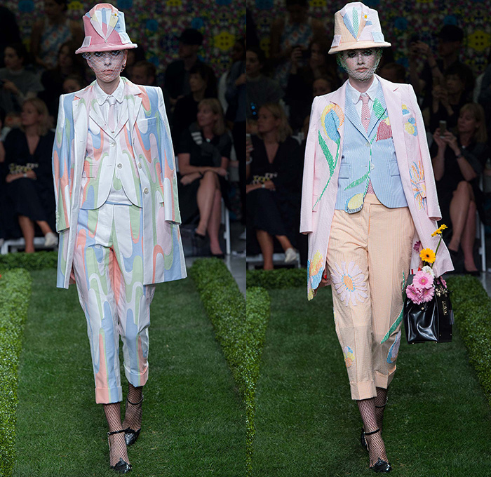 Thom Browne 2015 Spring Summer Womens Runway Catwalk Looks - New York Fashion Week - Suit Cone Wireframe Handbag Shirt Dress Hat Millinery Pantsuit Outerwear Blazer Flowers Florals Windowpane Checks Embroidery 3D Embellishments Adornments Seersucker Boucle Knit Weave Butterflies Skirt Frock Cardigan Accordion Pleats Metallic Silver Ribbon Houndstooth Multi-Panel Feathers Plastic