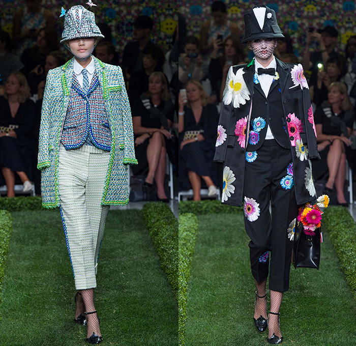 Thom Browne 2015 Spring Summer Womens Runway Catwalk Looks - New York Fashion Week - Suit Cone Wireframe Handbag Shirt Dress Hat Millinery Pantsuit Outerwear Blazer Flowers Florals Windowpane Checks Embroidery 3D Embellishments Adornments Seersucker Boucle Knit Weave Butterflies Skirt Frock Cardigan Accordion Pleats Metallic Silver Ribbon Houndstooth Multi-Panel Feathers Plastic