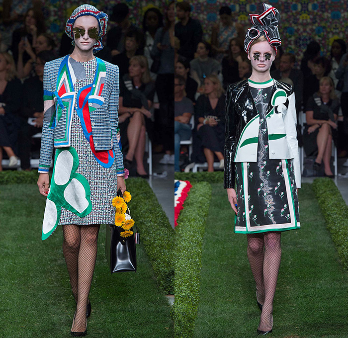 Thom Browne 2015 Spring Summer Womens Runway Catwalk Looks - New York Fashion Week - Suit Cone Wireframe Handbag Shirt Dress Hat Millinery Pantsuit Outerwear Blazer Flowers Florals Windowpane Checks Embroidery 3D Embellishments Adornments Seersucker Boucle Knit Weave Butterflies Skirt Frock Cardigan Accordion Pleats Metallic Silver Ribbon Houndstooth Multi-Panel Feathers Plastic