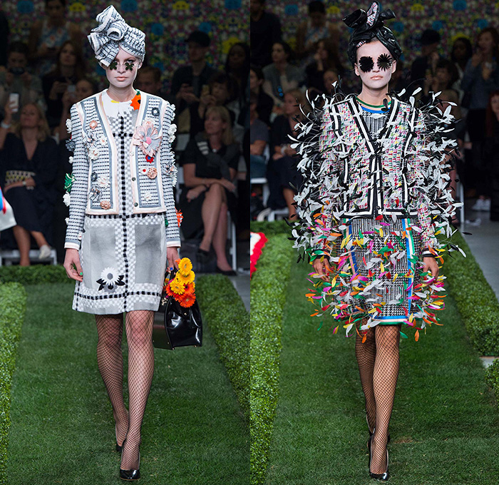 Thom Browne 2015 Spring Summer Womens Runway Catwalk Looks - New York Fashion Week - Suit Cone Wireframe Handbag Shirt Dress Hat Millinery Pantsuit Outerwear Blazer Flowers Florals Windowpane Checks Embroidery 3D Embellishments Adornments Seersucker Boucle Knit Weave Butterflies Skirt Frock Cardigan Accordion Pleats Metallic Silver Ribbon Houndstooth Multi-Panel Feathers Plastic