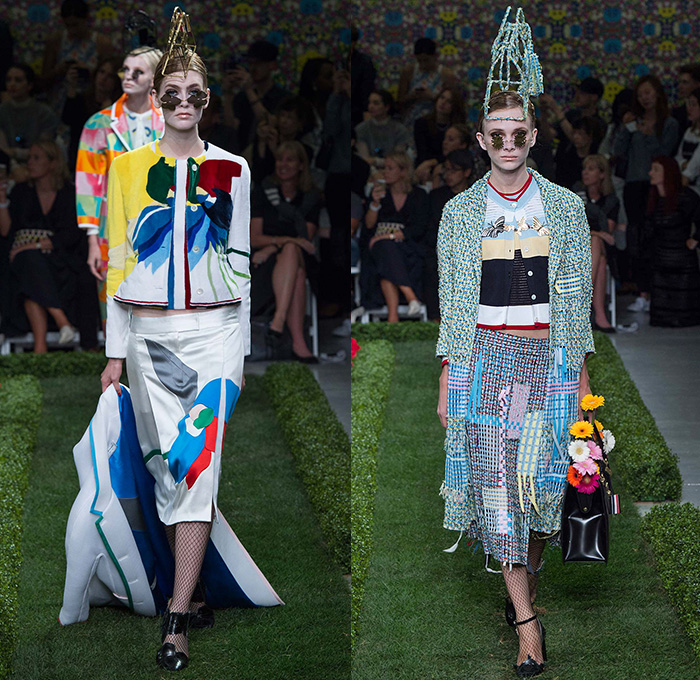 Thom Browne 2015 Spring Summer Womens Runway Catwalk Looks - New York Fashion Week - Suit Cone Wireframe Handbag Shirt Dress Hat Millinery Pantsuit Outerwear Blazer Flowers Florals Windowpane Checks Embroidery 3D Embellishments Adornments Seersucker Boucle Knit Weave Butterflies Skirt Frock Cardigan Accordion Pleats Metallic Silver Ribbon Houndstooth Multi-Panel Feathers Plastic