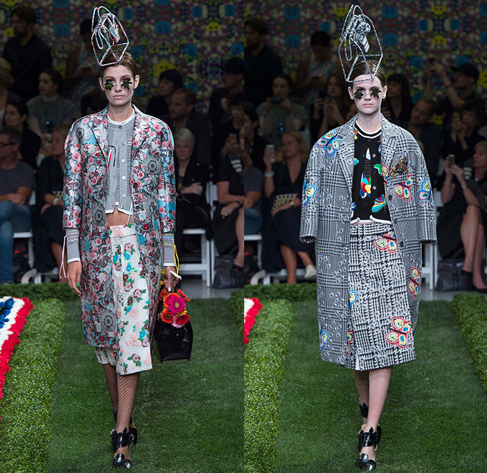 Thom Browne 2015 Spring Summer Womens Runway Catwalk Looks - New York Fashion Week - Suit Cone Wireframe Handbag Shirt Dress Hat Millinery Pantsuit Outerwear Blazer Flowers Florals Windowpane Checks Embroidery 3D Embellishments Adornments Seersucker Boucle Knit Weave Butterflies Skirt Frock Cardigan Accordion Pleats Metallic Silver Ribbon Houndstooth Multi-Panel Feathers Plastic