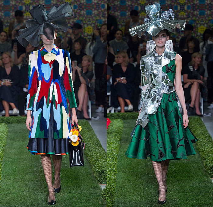 Thom Browne 2015 Spring Summer Womens Runway Catwalk Looks - New York Fashion Week - Suit Cone Wireframe Handbag Shirt Dress Hat Millinery Pantsuit Outerwear Blazer Flowers Florals Windowpane Checks Embroidery 3D Embellishments Adornments Seersucker Boucle Knit Weave Butterflies Skirt Frock Cardigan Accordion Pleats Metallic Silver Ribbon Houndstooth Multi-Panel Feathers Plastic