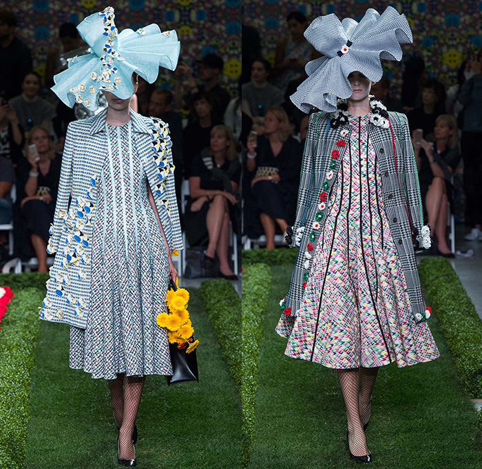 Thom Browne 2015 Spring Summer Womens Runway Catwalk Looks - New York Fashion Week - Suit Cone Wireframe Handbag Shirt Dress Hat Millinery Pantsuit Outerwear Blazer Flowers Florals Windowpane Checks Embroidery 3D Embellishments Adornments Seersucker Boucle Knit Weave Butterflies Skirt Frock Cardigan Accordion Pleats Metallic Silver Ribbon Houndstooth Multi-Panel Feathers Plastic