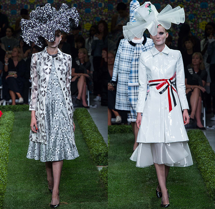 Thom Browne 2015 Spring Summer Womens Runway Catwalk Looks - New York Fashion Week - Suit Cone Wireframe Handbag Shirt Dress Hat Millinery Pantsuit Outerwear Blazer Flowers Florals Windowpane Checks Embroidery 3D Embellishments Adornments Seersucker Boucle Knit Weave Butterflies Skirt Frock Cardigan Accordion Pleats Metallic Silver Ribbon Houndstooth Multi-Panel Feathers Plastic