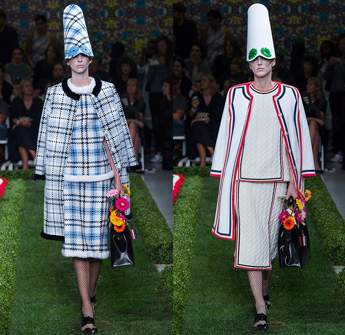 Thom Browne 2015 Spring Summer Womens Runway Catwalk Looks - New York Fashion Week - Suit Cone Wireframe Handbag Shirt Dress Hat Millinery Pantsuit Outerwear Blazer Flowers Florals Windowpane Checks Embroidery 3D Embellishments Adornments Seersucker Boucle Knit Weave Butterflies Skirt Frock Cardigan Accordion Pleats Metallic Silver Ribbon Houndstooth Multi-Panel Feathers Plastic