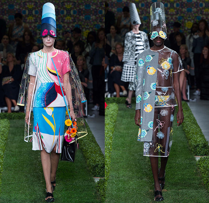 Thom Browne 2015 Spring Summer Womens Runway Catwalk Looks - New York Fashion Week - Suit Cone Wireframe Handbag Shirt Dress Hat Millinery Pantsuit Outerwear Blazer Flowers Florals Windowpane Checks Embroidery 3D Embellishments Adornments Seersucker Boucle Knit Weave Butterflies Skirt Frock Cardigan Accordion Pleats Metallic Silver Ribbon Houndstooth Multi-Panel Feathers Plastic