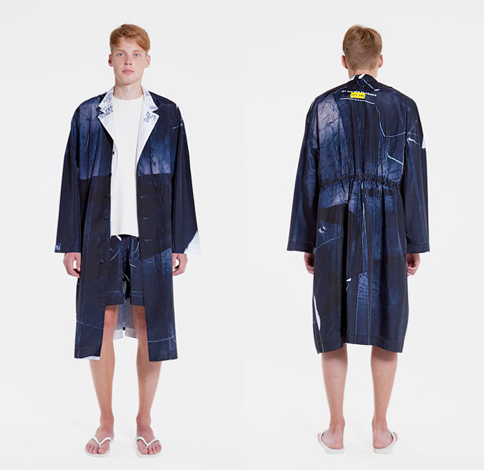 Tigran Avetisyan Moscow Russia 2015 Spring Summer Mens Lookbook Presentation - Duty Free Print Motif Graphic Oversized Coat Outerwear Robe Cloak Culottes Gauchos Wide Leg Pants Trousers Jacket Shorts Slippers Loungewear Sleepwear Grunge Abstract