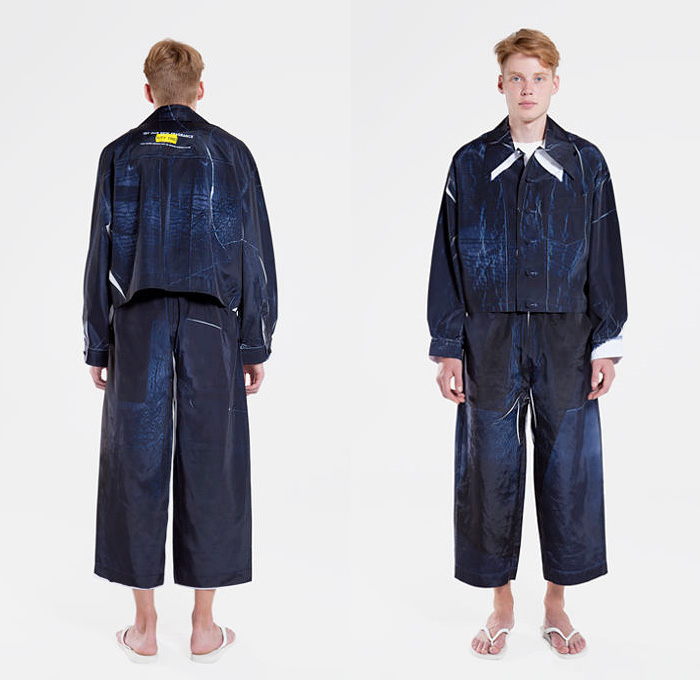 Tigran Avetisyan Moscow Russia 2015 Spring Summer Mens Lookbook Presentation - Duty Free Print Motif Graphic Oversized Coat Outerwear Robe Cloak Culottes Gauchos Wide Leg Pants Trousers Jacket Shorts Slippers Loungewear Sleepwear Grunge Abstract