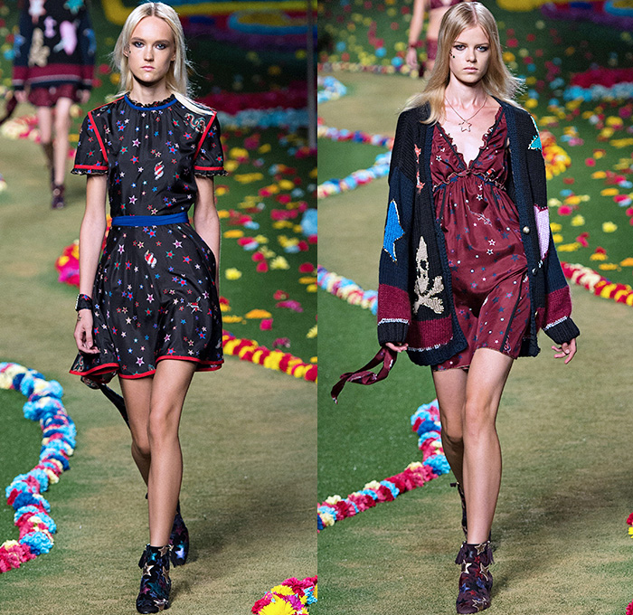 Tommy Hilfiger 2015 Spring Summer Womens Runway Catwalk Looks - Mercedes-Benz Fashion Week New York MBFW - Beatles Sgt. Peppers Lonely Hearts Club Band - 1970s Seventies Military Marching Band Bohemian Denim Jeans Patchwork Babydoll Vest Flare Stars Sweater Jumper Knit Skirt Dress Sequins Furry Sheer Chiffon Cardigan Pleats Halter Top Trench Coat Coatdress Stripes Bralette Crop Top Midriff Hotpants Scarf Guitar Cape